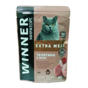 Мираторг Winner Extra Meat - Влажный корм для кошек с чувствительным пищеварением (Телятина в желе)